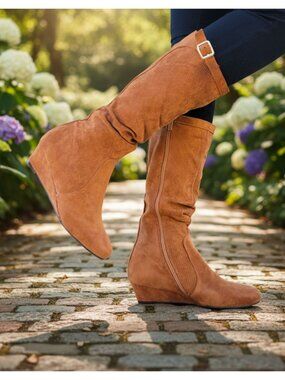 Tan Knee-High Faux Suede Wedge Boots With Side Zipper & Buckle Accent For Women